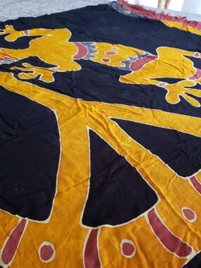Black and Mustard Yellow Batik-Style Large Shawl.